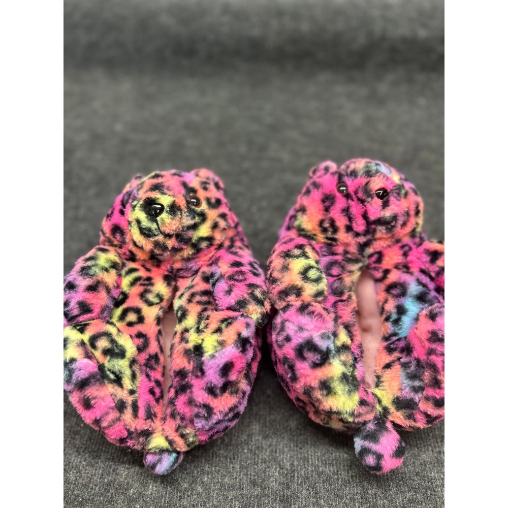 Neon Leopard Print Plush Animal Slippers Pink Yellow Blue Faux Fur House Shoes